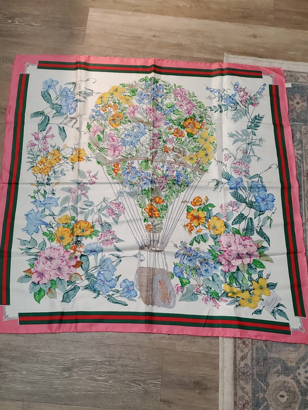 Gucci Floral Hot Air Balloon Silk Scarf in Pink, Green, Yellow, Blue
